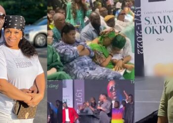 Touching moment Sammie Okposo’s wife, Ozioma broke down in tears at late singer’s farewell praise party (Video)