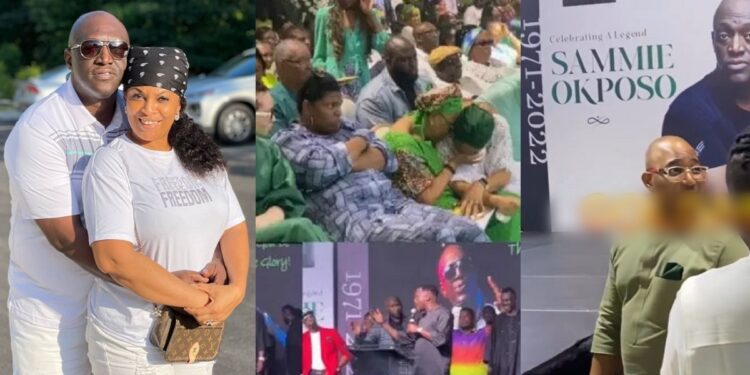 Touching moment Sammie Okposo’s wife, Ozioma broke down in tears at late singer’s farewell praise party (Video)