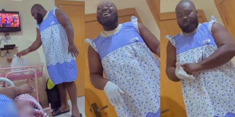 Nigerian man rocks maternity gown, dances at hospital to cheer pregnant wife in labour (Video)