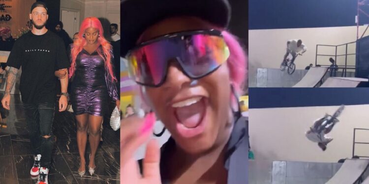 “That’s my husband” – Dj Cuppy cheers fiancé, Ryan as she watches him perform stunt for the first time (Video)