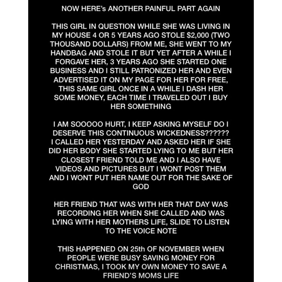 Actress Luchy Donalds calls out friend who scammed her of N1.5m with claims her mum needed kidney transplant but used the money for cosmetic surgery.