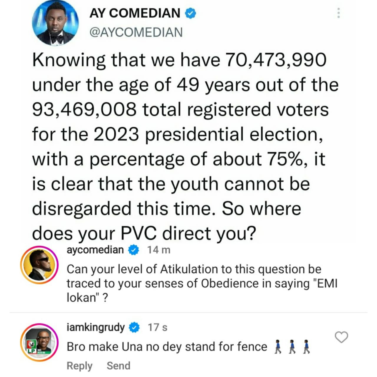 “Make una no dey sit for fence” – Singer, Paul Okoye calls out comedian, AY to make a stand in the upcoming elections.