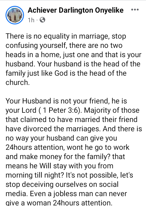 “There is no equality in marriage. Your husband is not your friend, he is your Lord” – Nigerian man tells women