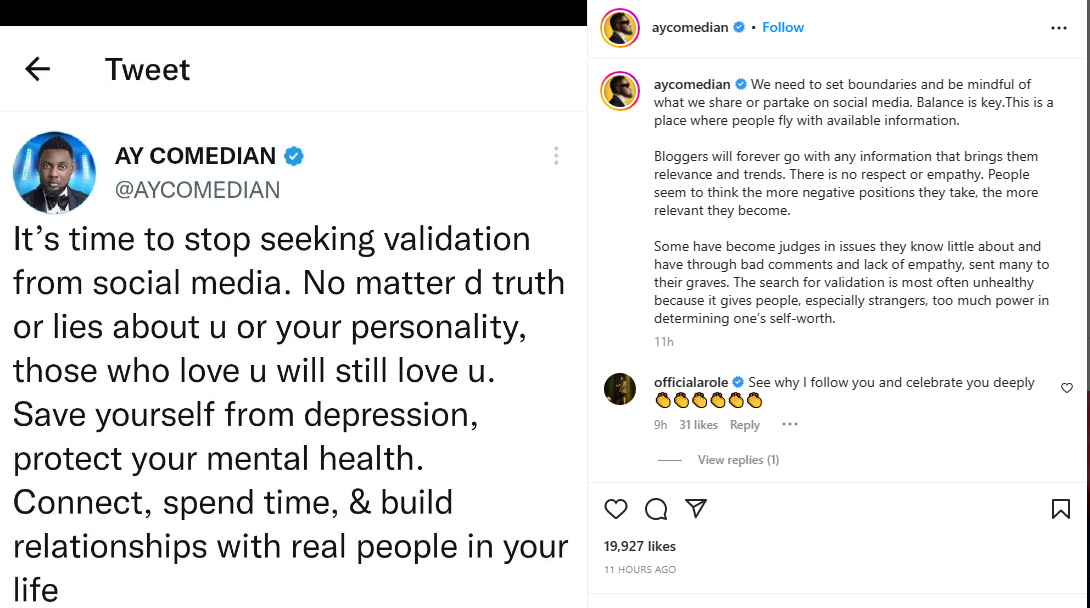 “It’s time to stop seeking validation from social media” – Comedian AY tells his colleagues.
