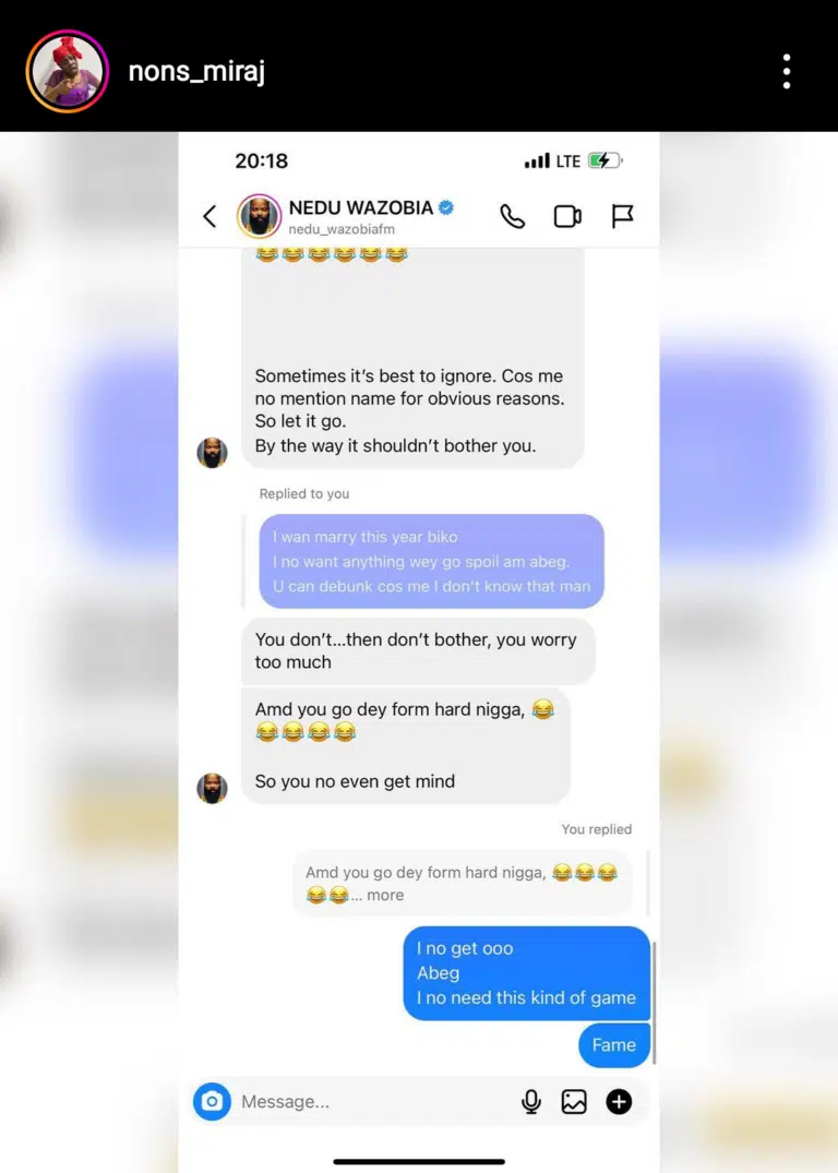 Chat between Instagram comedian, Nons Miraj and OAP Nedu surfaces amid accusations of an affair with Dino Melaye (Screenshots)