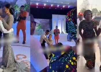 “Is she God?” – Mixed reactions trail bride’s reaction to spotting Mercy Johnson and husband at her wedding (video)