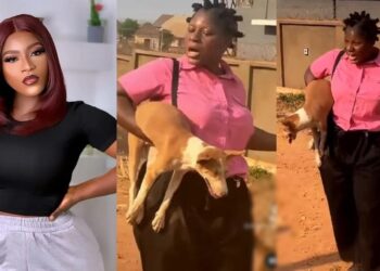 “Imagine carrying village Ekuke” – Actress, Destiny Etiko fidgets as she shoots movie scene with dogs (Video)