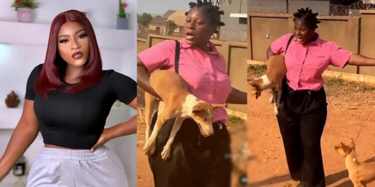 “Imagine carrying village Ekuke” – Actress, Destiny Etiko fidgets as she shoots movie scene with dogs (Video)