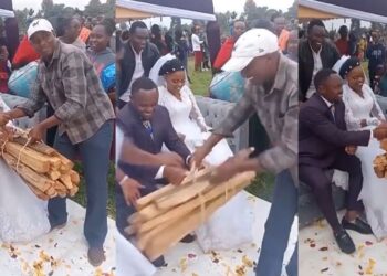 “It’s a bad omen” – Mixed reactions as man gifts bundle of firewood to couple on wedding day (Video)