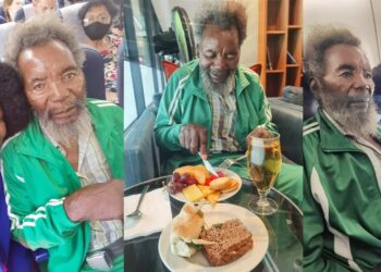 “If you love him that much, change his clothes” – Mixed reactions as lady flies her father on airplane for the first time
