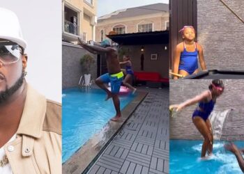 “Me and my mugu button” – Singer Peter Okoye shares adorable fun moments with daughter, Aliona (Watch)