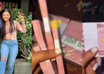 “I love it” – Actress Regina Daniels gushes as she shows off wads of new naira notes she received from husband, Ned Nwoko on movie set (Video)