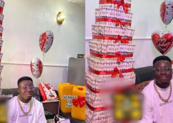 Nigerian lady gifts boyfriend money cake, 50 litres of fuel, other items for Valentine