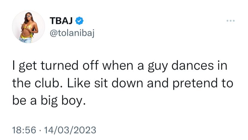“I can’t believe a DJ tweeted this” – Netizens drag Tolanibaj over her tweet about men dancing in clubs