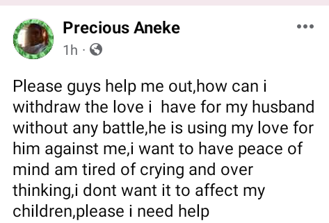 “I am tired of crying and overthinking” – Nigerian lady seeks advice on how to stop loving her husband