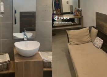 Nigerian lady shocked to see bed and wardrobe inside a restroom at Lagos restaurant (Video)