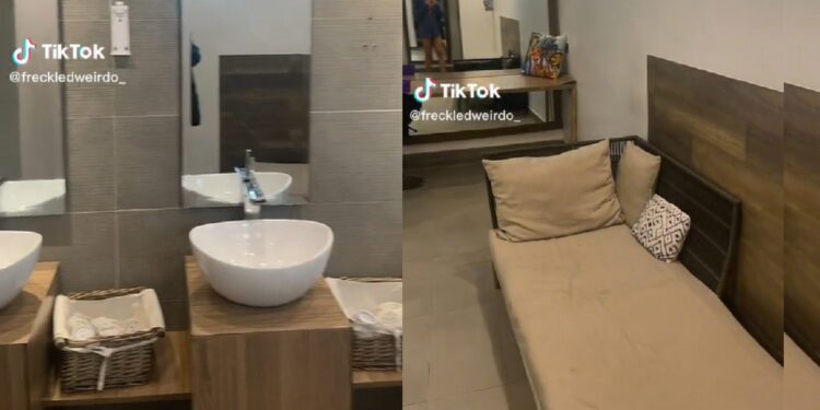Nigerian lady shocked to see bed and wardrobe inside a restroom at Lagos restaurant (Video)