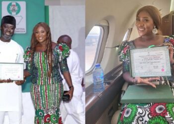 HOR member-elect, Odiasen Okojie dedicates his certificate of return to his wife, Mercy Johnson