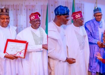 Bola Ahmed Tinubu and Kashim Shettima present their Certificates of Return to President Buhari (photos)