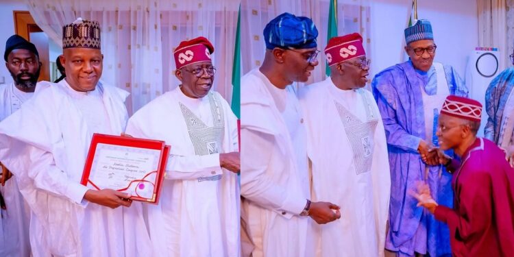 Bola Ahmed Tinubu and Kashim Shettima present their Certificates of Return to President Buhari (photos)