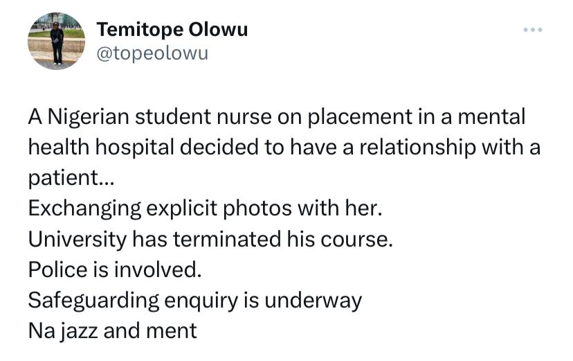 Nigerian student nurse expelled, arrested for having relationship with patient at psychiatric hospital abroad