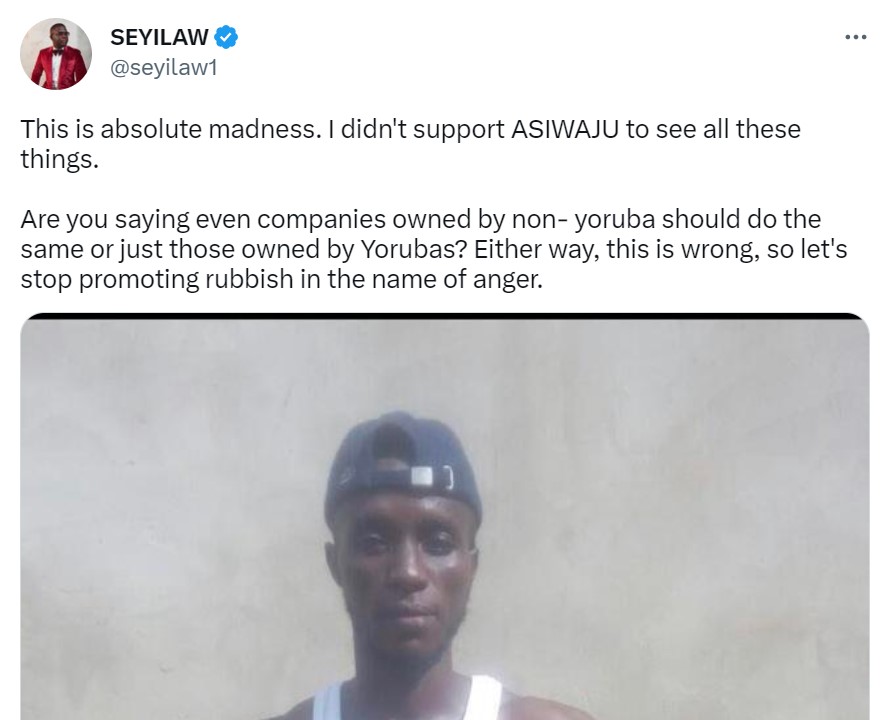 Screenshot 2023 04 21 081713 Comedian, Seyi Law reacts to photo of man clamoring for tribalism in Yoruba-owned companies