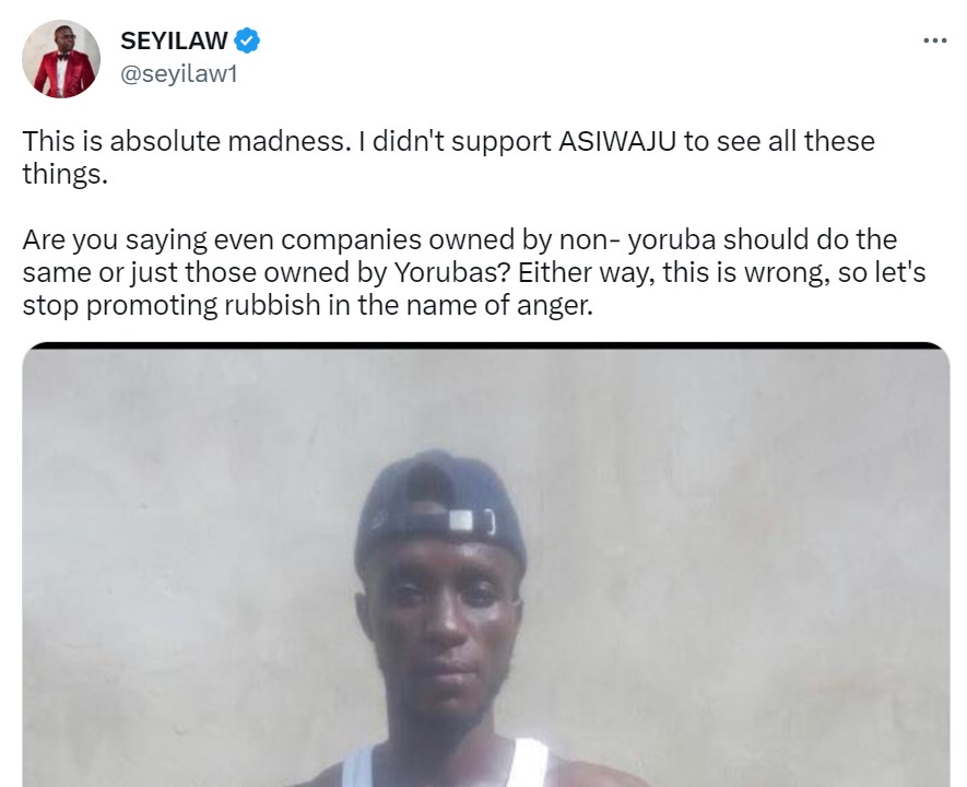 Comedian, Seyi Law reacts to photo of man clamoring for tribalism in Yoruba-owned companies