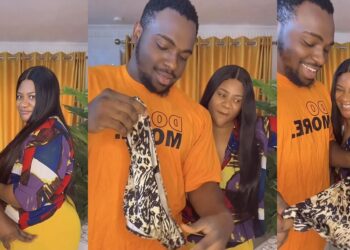 “This is so embarrassing” – Netizens reacts as actress Nkechi Blessing’s lover flaunts her pant in new video (Watch)