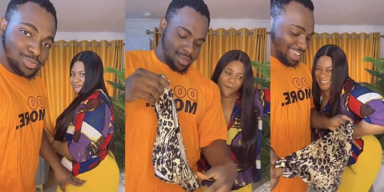 “This is so embarrassing” – Netizens reacts as actress Nkechi Blessing’s lover flaunts her pant in new video (Watch)