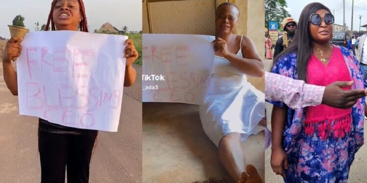 “Free Blessing CEO, arrest me instead” – Nigerian lady protests (Video)