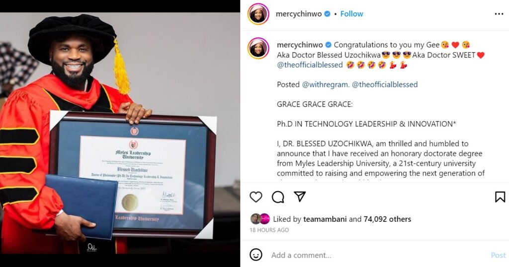 Mercy Chinwo Celebrates Husband On Latest Honorary Doctorate Degree