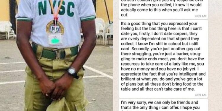 Varsity student turns down Youth Corper because he ‘doesn’t have resources to take care of her’