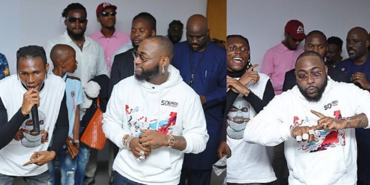“Grace don locate this one” – Netizens react as upcoming singer impresses Davido with song at business event (Video)