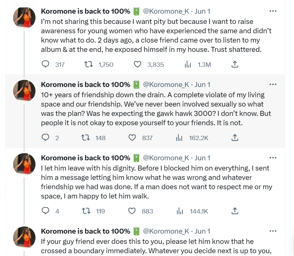 Lady recounts how she ended a friendship of over 10 years after her male friend exposed himself in her house 1685806991