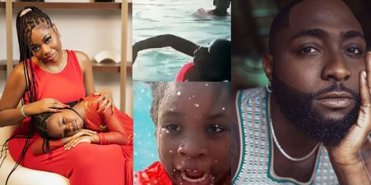 “Una don start” – Netizens drag Davido’s baby mama, Sophia Momodu as she takes daughter, Imade swimming (Watch)