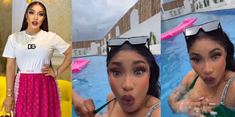 “Na man come arrange bra” – Fans react to embarrassing moment actress Tonto Dikeh suffered nip slip in a pool (Video)