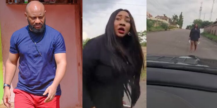 Drama ensues as Judy Austin blocks Yul Edochie from driving out during an argument (video)