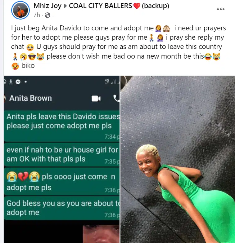 “Come and adopt me pls” – Nigerian lady begs Anita, Davido’s alleged pregnant side chick