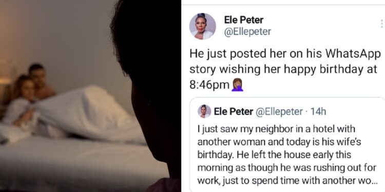 Nigerian lady reveals she saw her neighbor in a hotel with another woman on his wife’s birthday