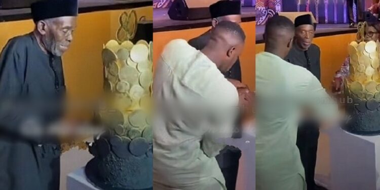 “Life!” – Video from veteran actor, Olu Jacob’s 80th birthday stirs emotions as son holds his hands to cut cake (Watch)