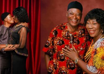 “34 years in marriage no be beans” – Nigerian lady writes as she shares photo of her parents locking lips.`