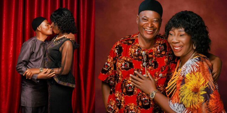 “34 years in marriage no be beans” – Nigerian lady writes as she shares photo of her parents locking lips.`