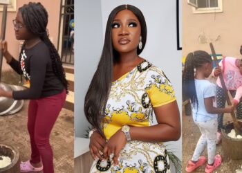 “If you can eat it, you can pound it” – Mercy Johnson teaches her daughters how to pound yam (Video)