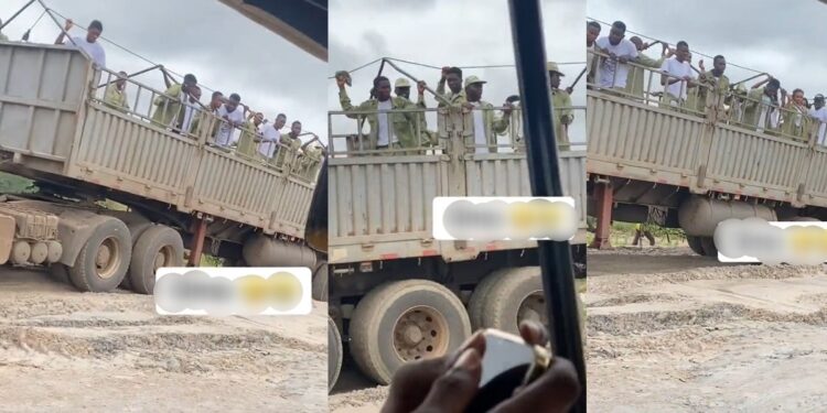 “Leaders of tomorrow don see shege” – Reactions as corps members are spotted at the back of a moving truck (WATCH)