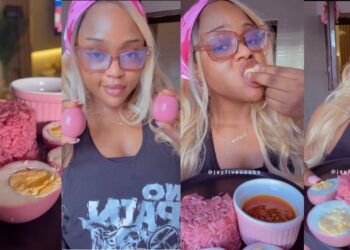 Nigerian Chef’s pink colored rice and eggs leaves netizens stunned (WATCH)