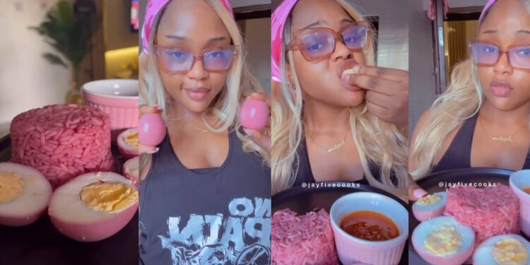 Nigerian Chef’s pink colored rice and eggs leaves netizens stunned (WATCH)