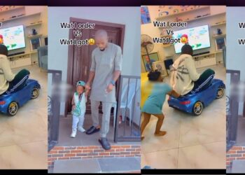 “The dad nah the baby” – Nigerian dad seen driving his son’s Mini Mercedes Benz has people talking (WATCH)