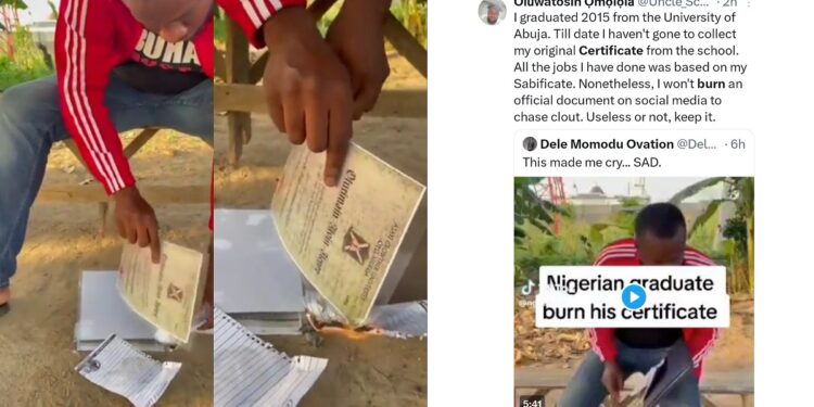 Frustrated Nigerian Graduate Burns Certificates, Due To Unemployment And Job Struggles (VIDEO)