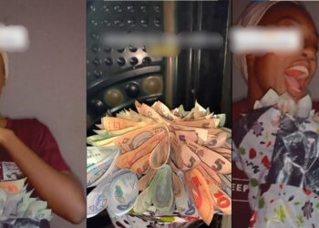 “It’s the thought that counts” – Reactions as lady surprises her sister with money bouquet filled with 5,10, 20 and 50 naira notes (VIDEO)