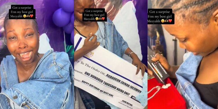 “Where una dey see friends wey dey spoil una” – Netizens react to viral video of lady surprising her best friend with 100k, money bouquet and other gift item (VIDEO)